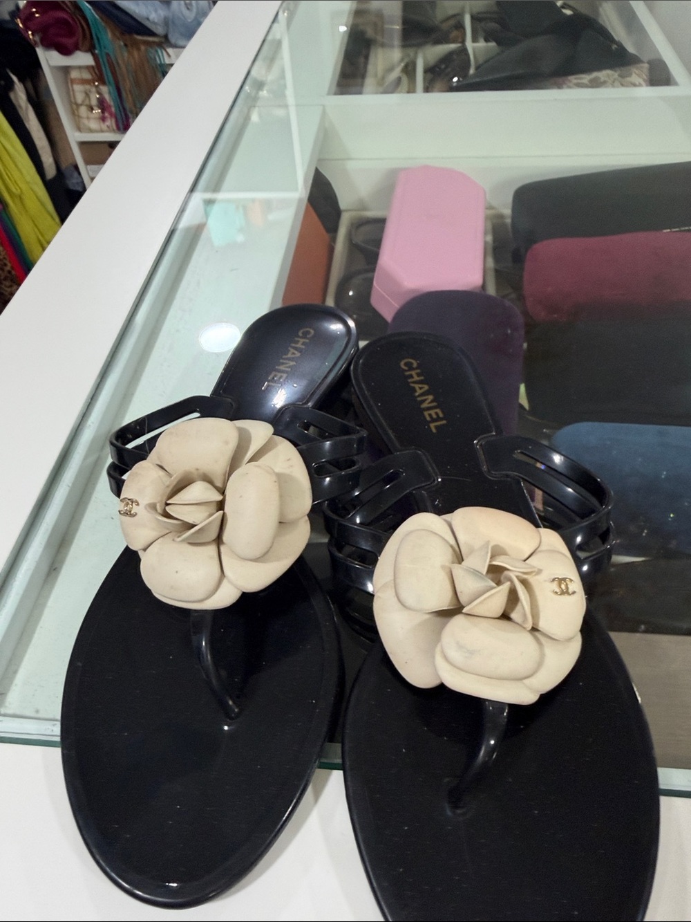 CHANEL Black Thong Sandals with Cream Camellia Flower